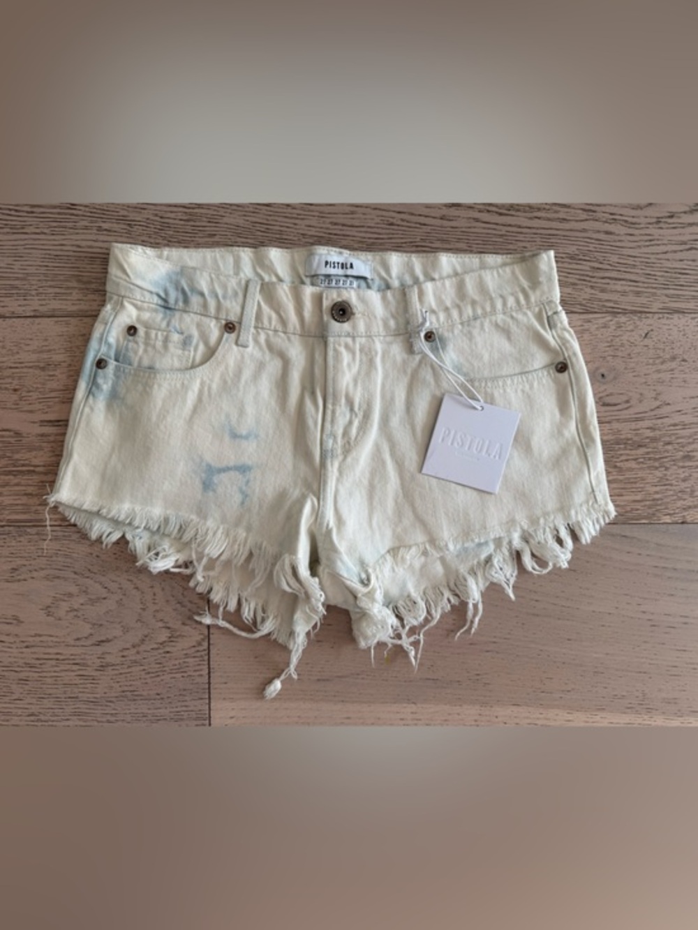 PUSTOLA GIGI Low Rise Cut Off Jean Shorts in Cream and Blue acid wash Sz: 27